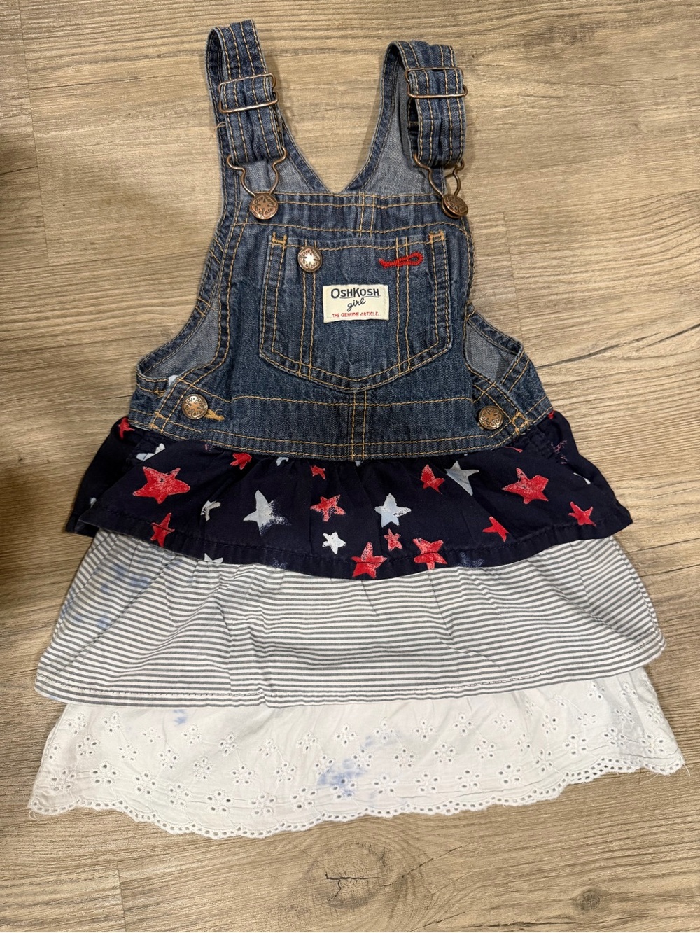 OshKosh Denim Overall Dress with Star & Stripe Ruffles